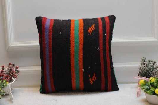 Handmade Kilim Pillow Cover: Upcycled Woven Rug, Boho Decor (16x16 inc)