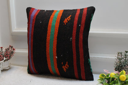 Handmade Kilim Pillow Cover: Upcycled Woven Rug, Boho Decor (16x16 inc)