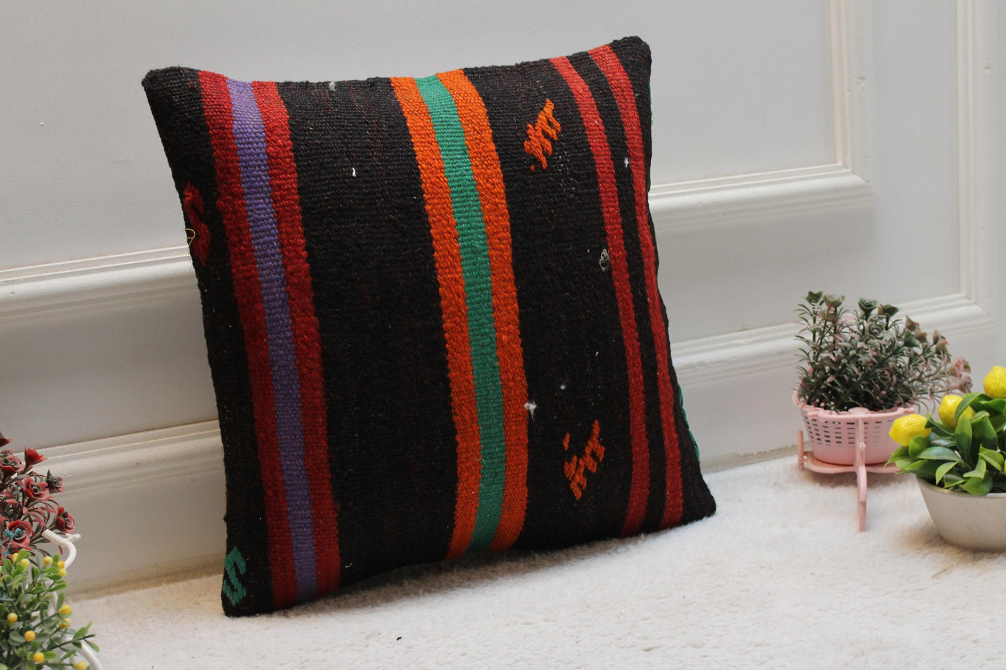 Handmade Kilim Pillow Cover: Upcycled Woven Rug, Boho Decor (16x16 inc)