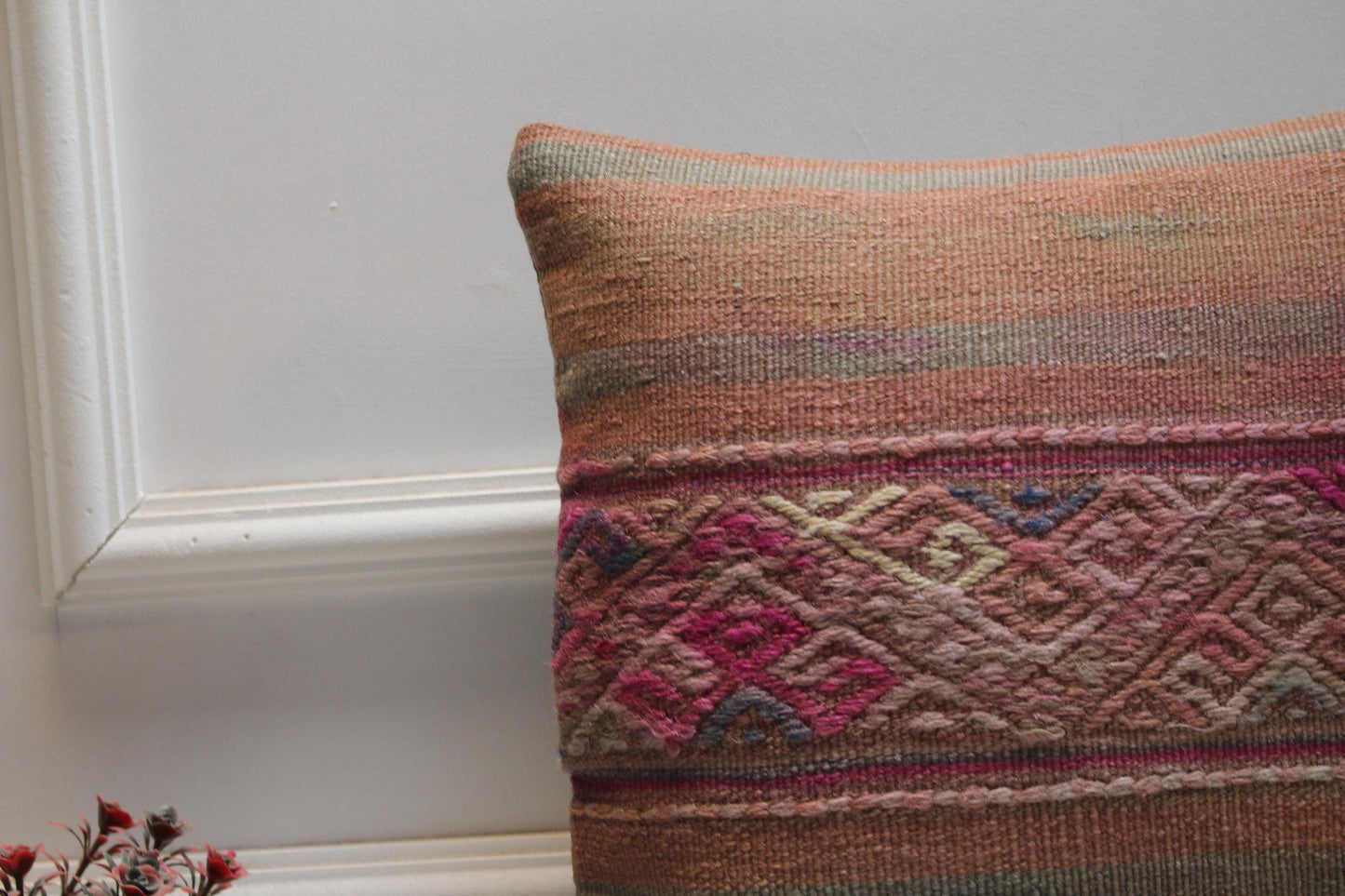 Handmade Kilim Pillow Cover: Organic Wool, Bohemian Home Decor (16x16 inch)