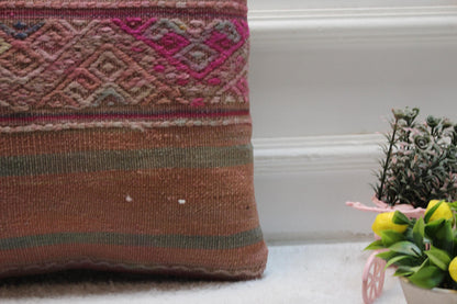 Handmade Kilim Pillow Cover: Organic Wool, Bohemian Home Decor (16x16 inch)