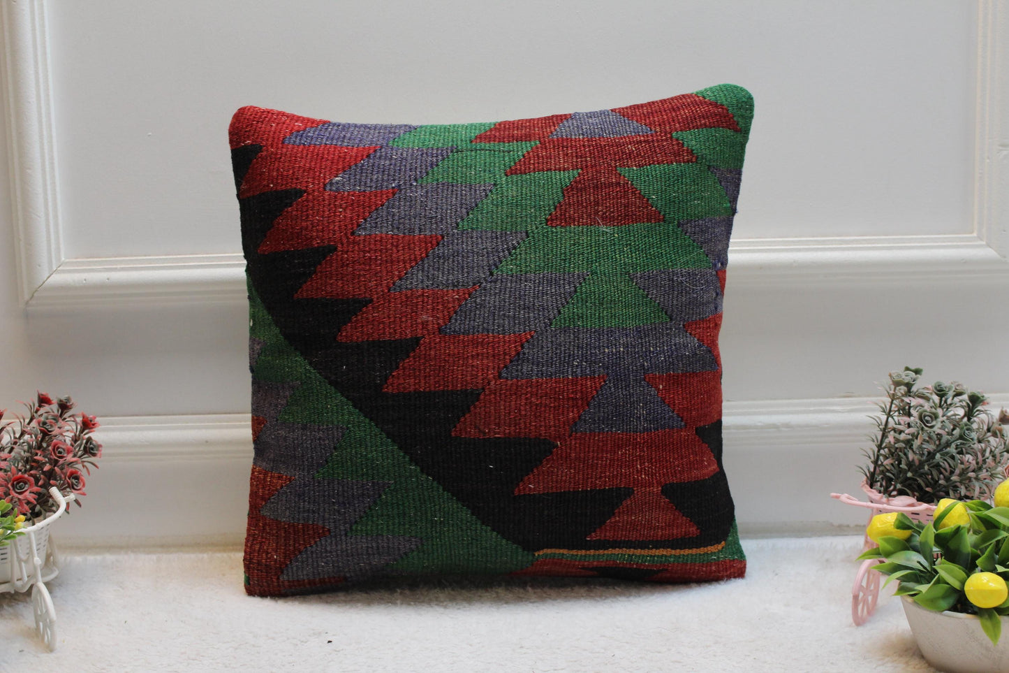 Rainbow Kilim Pillow Cover: 16x16 Square Turkish Ethnic Pillow