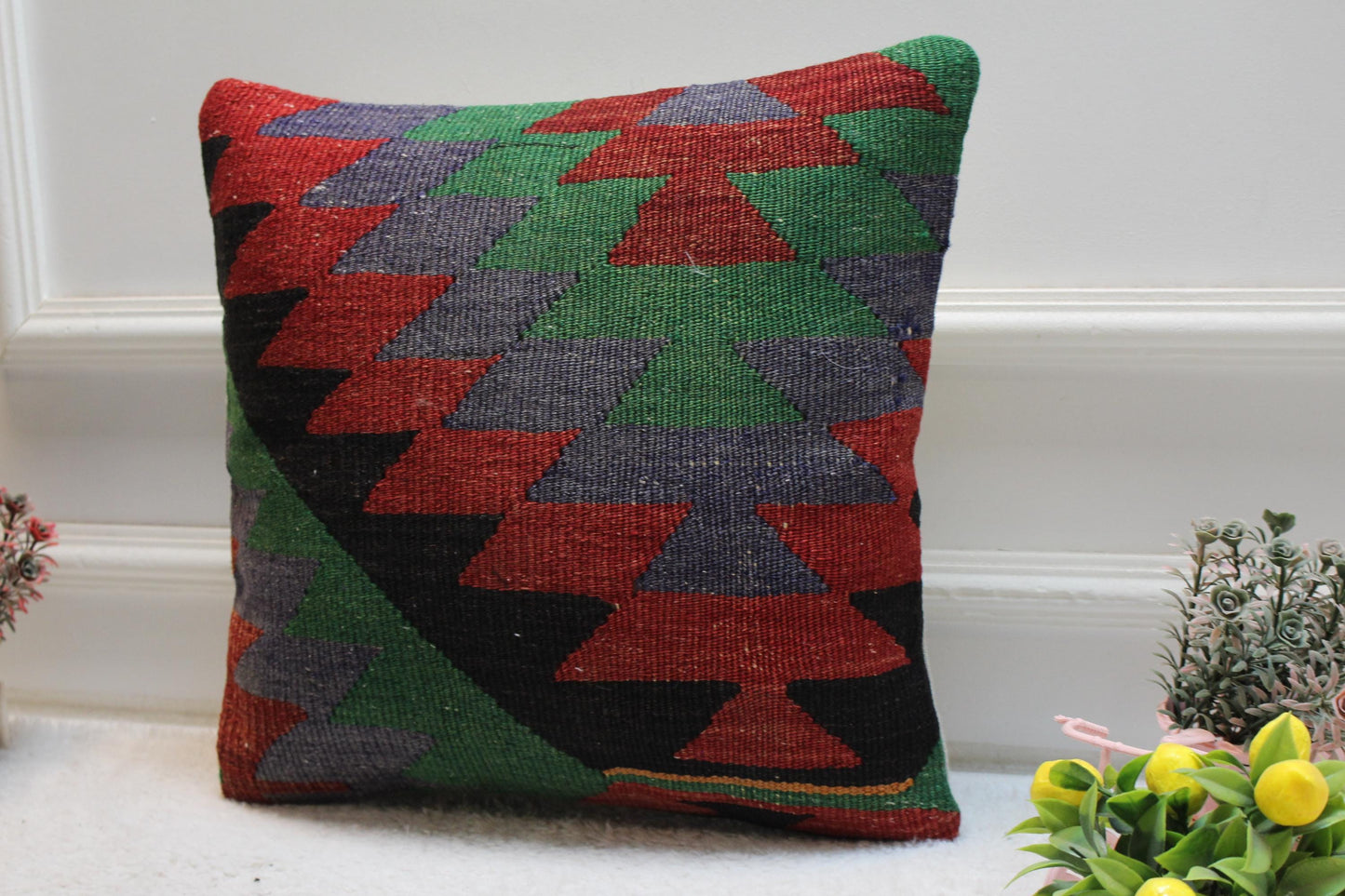 Rainbow Kilim Pillow Cover: 16x16 Square Turkish Ethnic Pillow