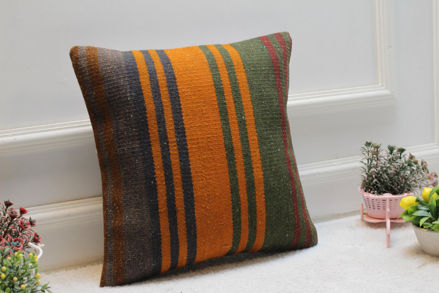 Handmade Kilim Pillow Cover: Upcycled Woven Wool, Bohemian Decor (16x16 inch)