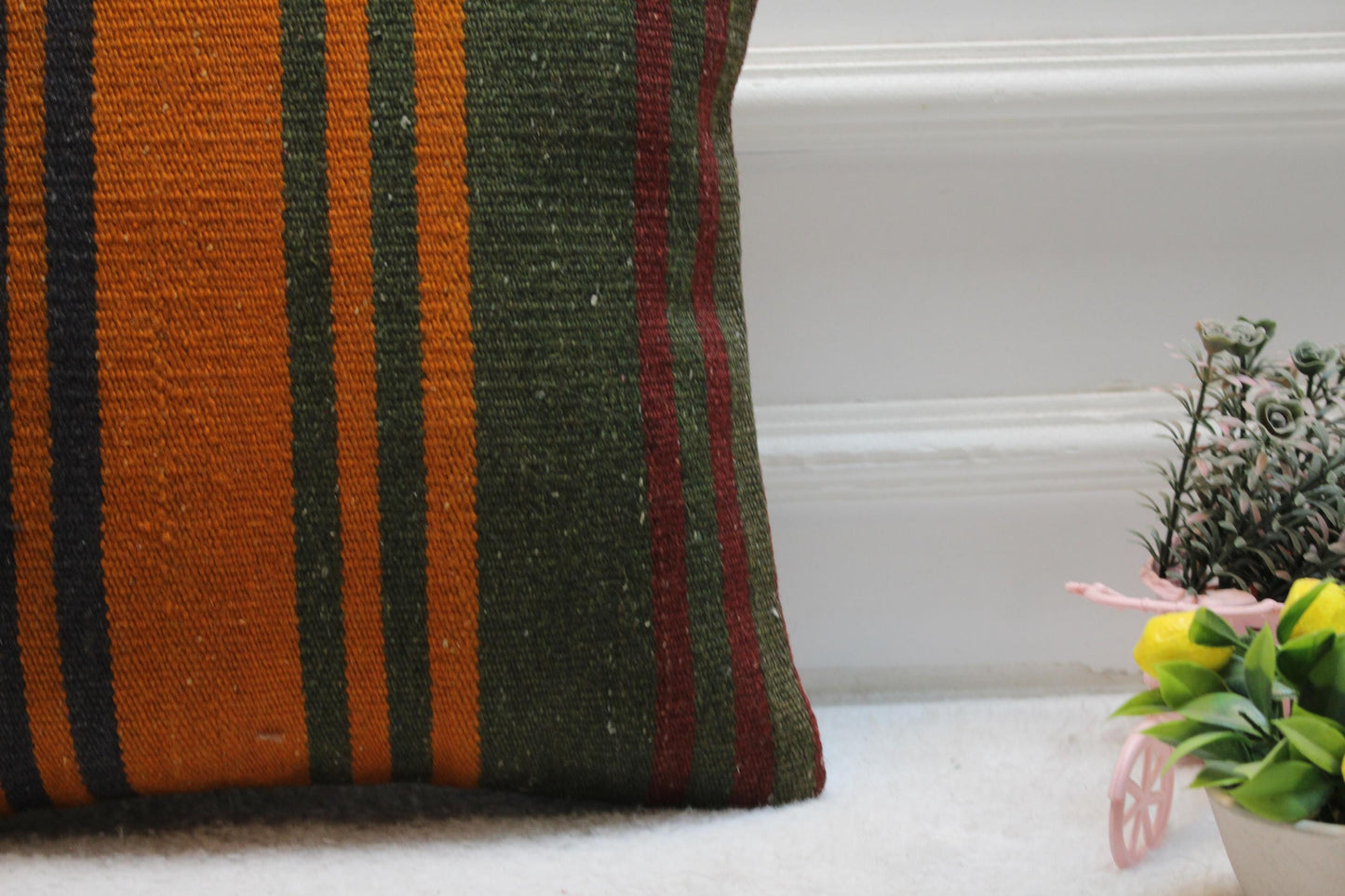 Handmade Kilim Pillow Cover: Upcycled Woven Wool, Bohemian Decor (16x16 inch)