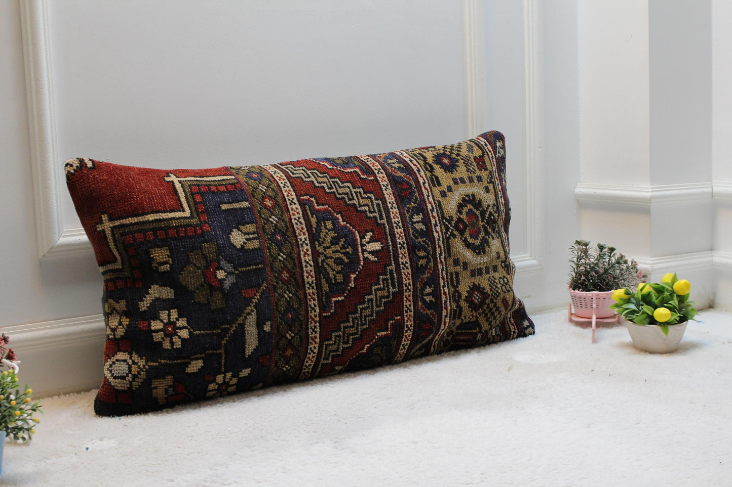 Handmade Wool Kilim Lumbar Pillow Cover: Upcycled Turkish Rug, Rainbow (16x32 in)