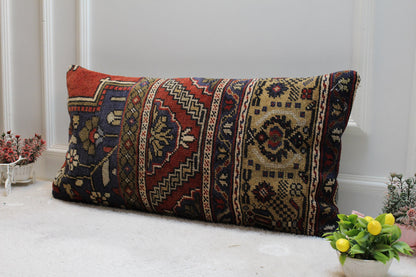 Handmade Wool Kilim Lumbar Pillow Cover: Upcycled Turkish Rug, Rainbow (16x32 in)