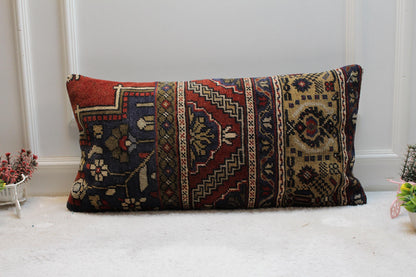Handmade Wool Kilim Lumbar Pillow Cover: Upcycled Turkish Rug, Rainbow (16x32 in)