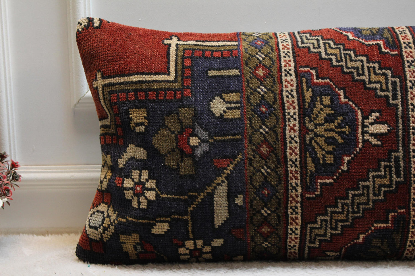 Handmade Wool Kilim Lumbar Pillow Cover: Upcycled Turkish Rug, Rainbow (16x32 in)