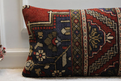 Handmade Wool Kilim Lumbar Pillow Cover: Upcycled Turkish Rug, Rainbow (16x32 in)