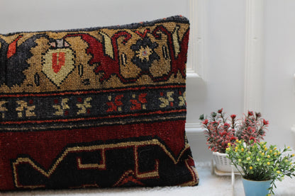 Handmade Turkish Rug Lumbar Pillow Cover: Vintage Woven Wool (16x32 in)
