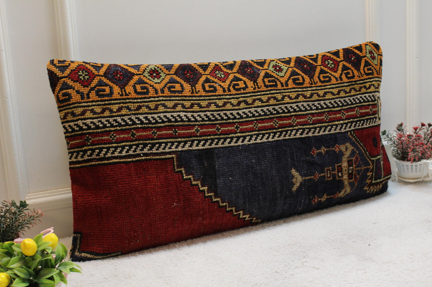Handmade Turkish Rug Lumbar Pillow Cover: Vintage Rainbow Kilim, 16x32 in