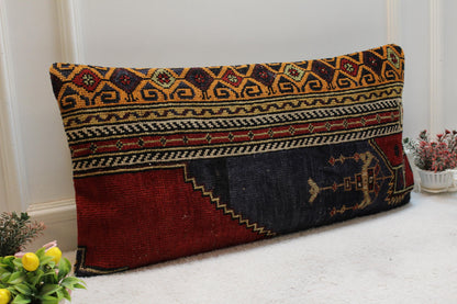 Handmade Turkish Rug Lumbar Pillow Cover: Vintage Rainbow Kilim, 16x32 in