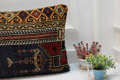 Handmade Turkish Rug Lumbar Pillow Cover: Vintage Rainbow Kilim, 16x32 in