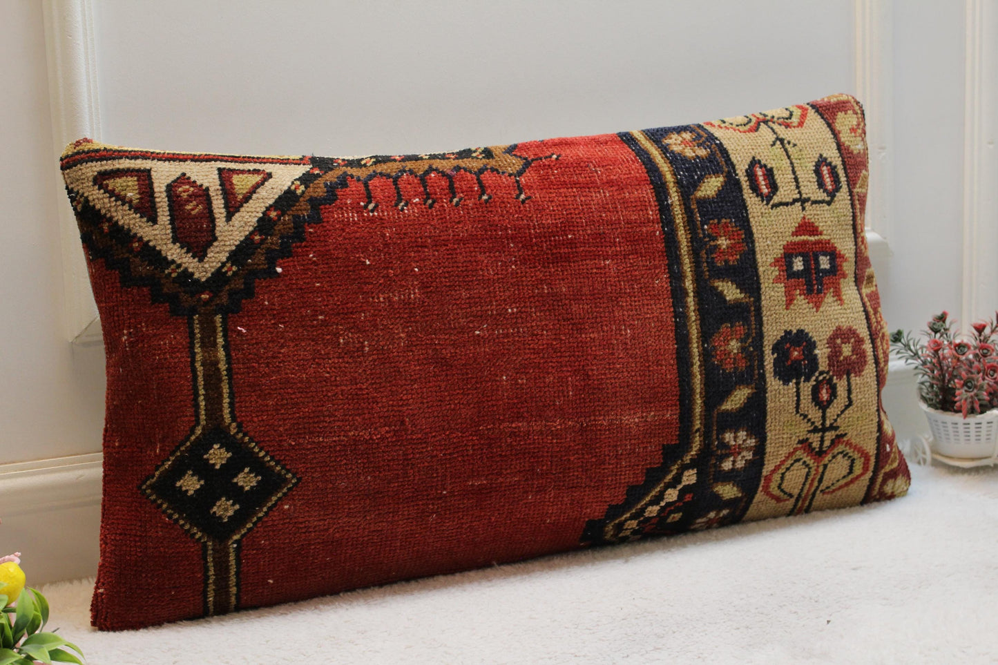 Handmade Turkish Kilim Lumbar Pillow Cover: Upcycled Woven Rug, 16x32 inch