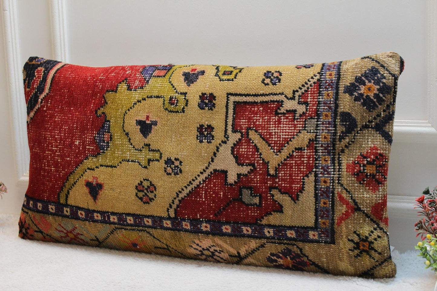 Handmade Kilim Lumbar Pillow Cover: Upcycled Woven Rug, Rainbow (16x32 in)