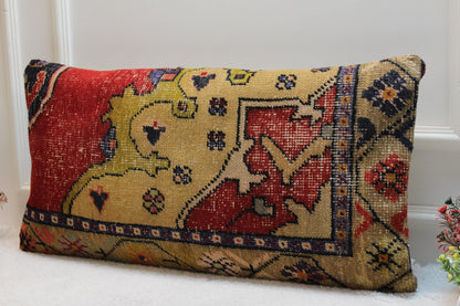 Handmade Kilim Lumbar Pillow Cover: Upcycled Woven Rug, Rainbow (16x32 in)