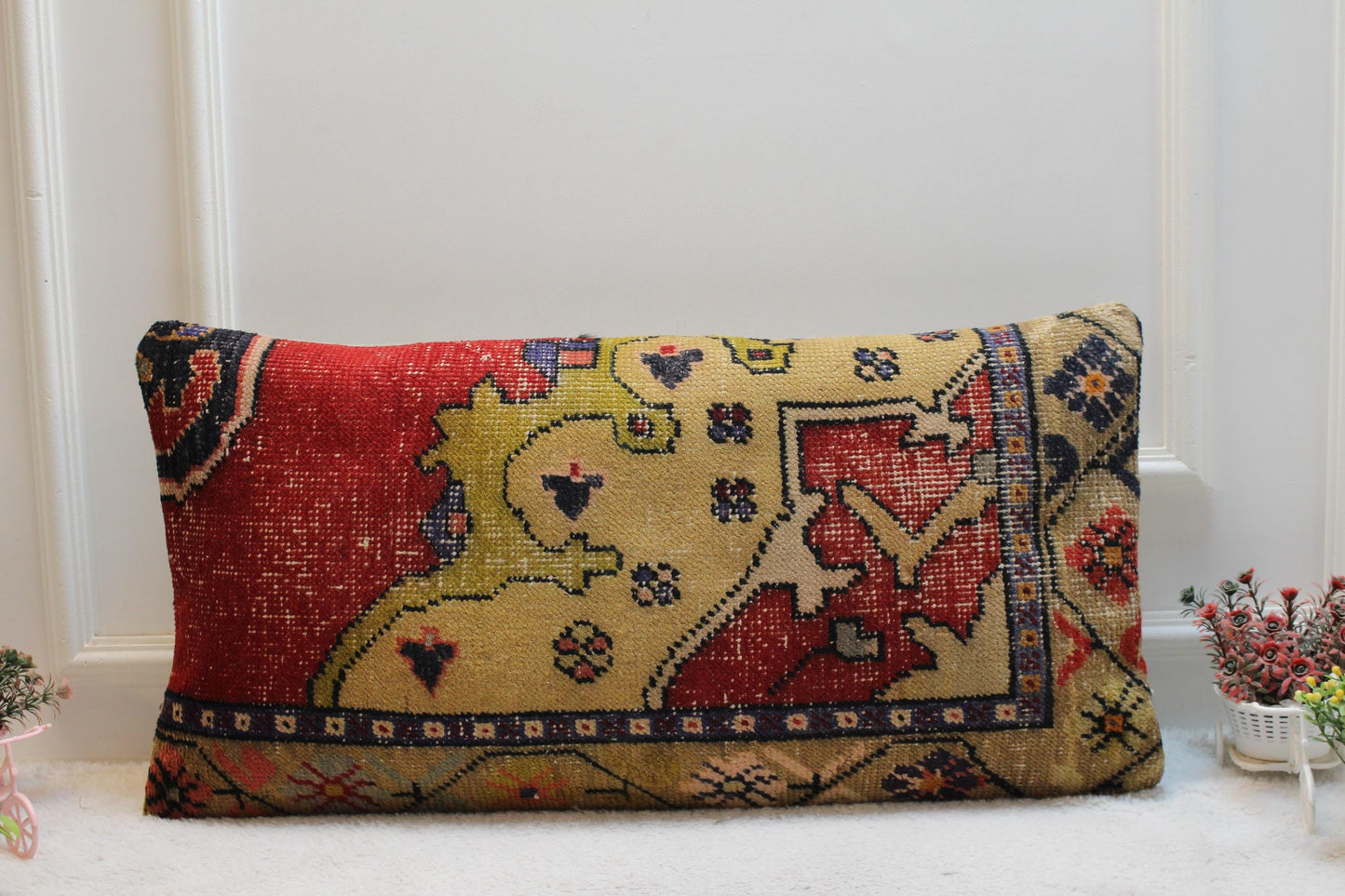 Handmade Kilim Lumbar Pillow Cover: Upcycled Woven Rug, Rainbow (16x32 in)