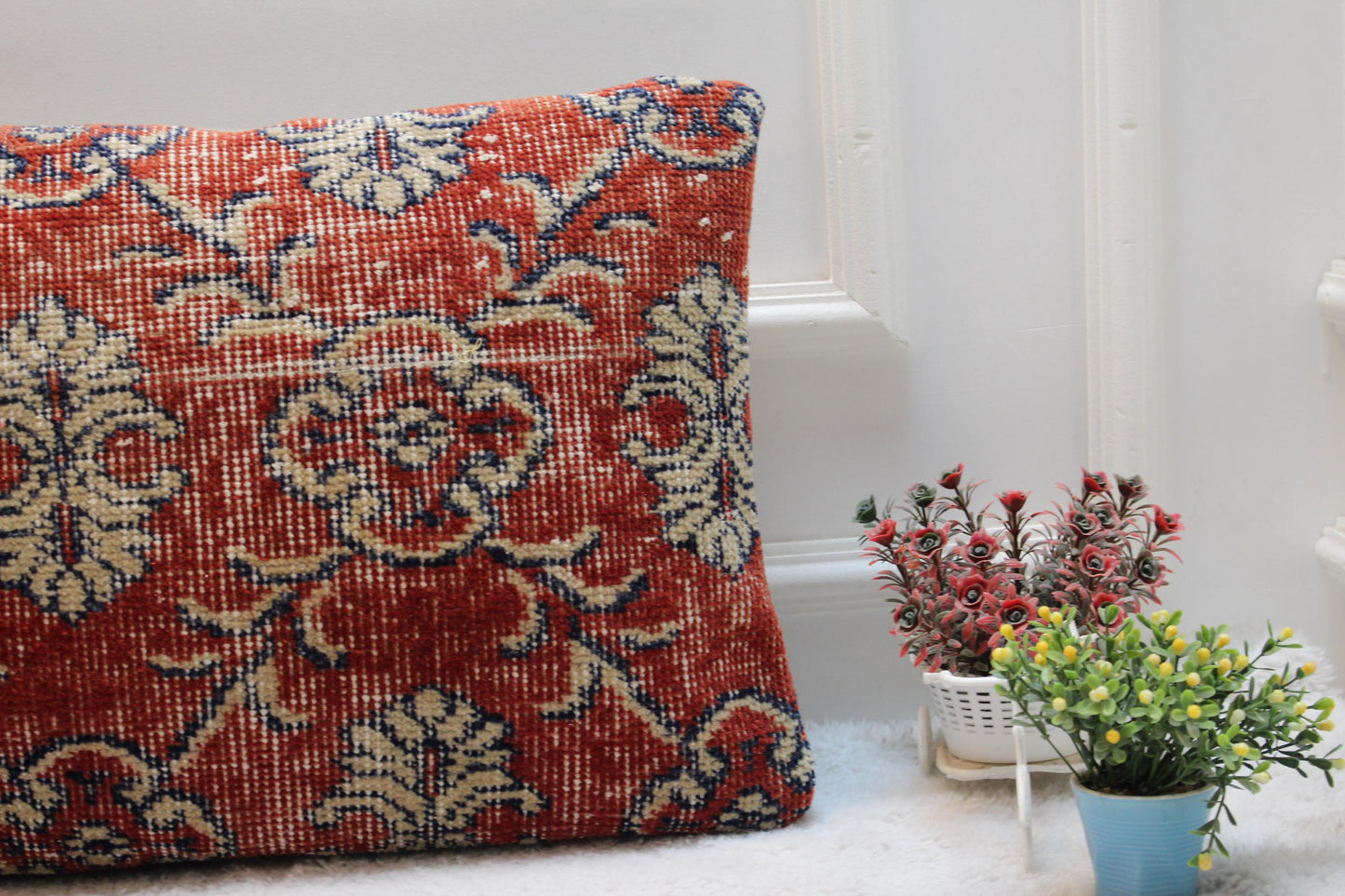 Red Floral Turkish Rug Lumbar Pillow Cover: Vintage Kilim, 16x32 in