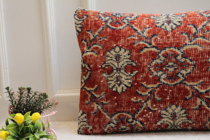 Red Floral Turkish Rug Lumbar Pillow Cover: Vintage Kilim, 16x32 in