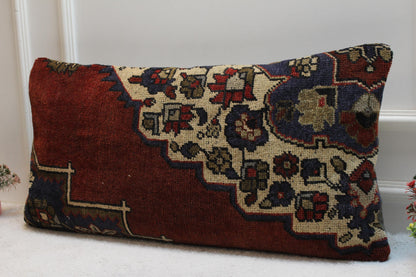 Boho Turkish Rug Pillow Cover: Vintage Wool Lumbar Pillow, 16x32 in