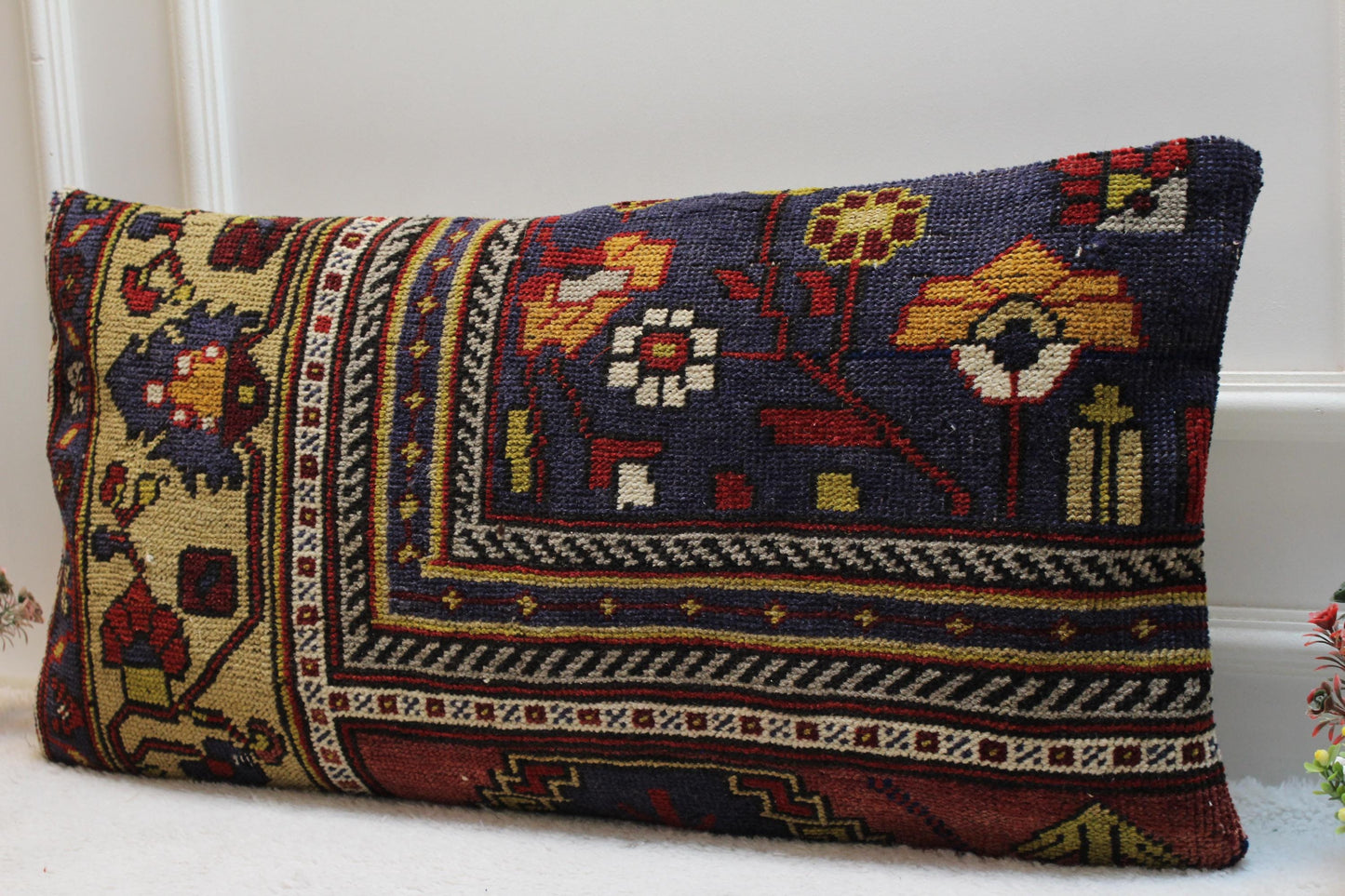 Vintage Turkish Rug Pillow Cover: 16x32 inch Organic Wool Kilim Pillow