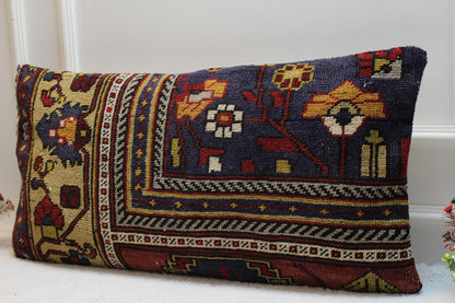 Vintage Turkish Rug Pillow Cover: 16x32 inch Organic Wool Kilim Pillow