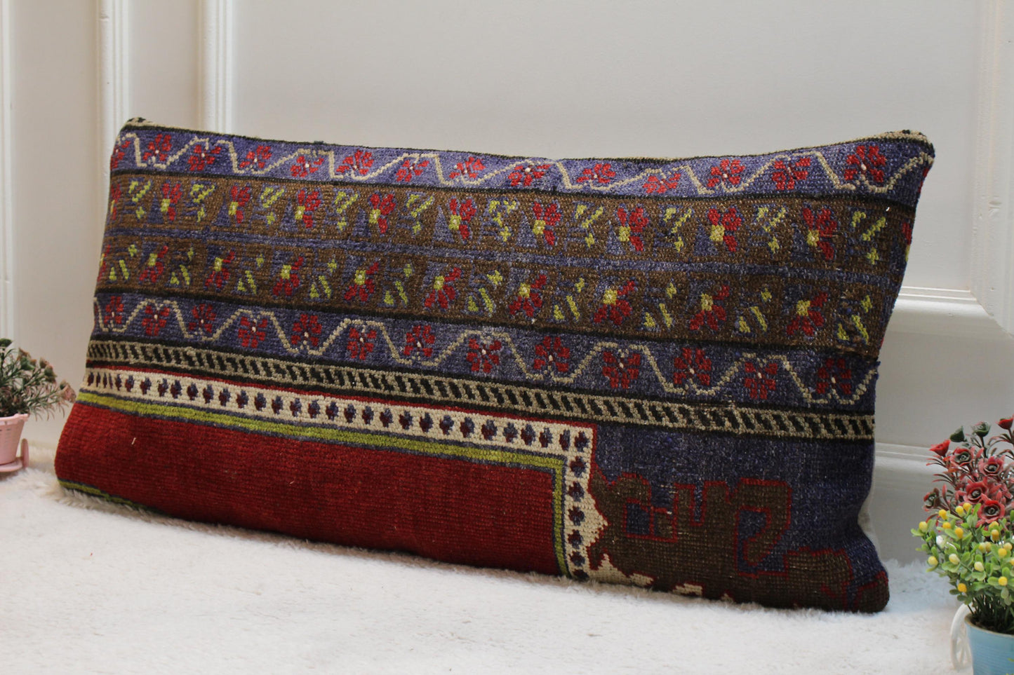 Handmade Turkish Rug Lumbar Pillow Cover: Rainbow Woven Wool, 16x32 in