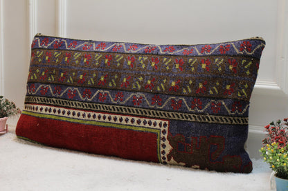 Handmade Turkish Rug Lumbar Pillow Cover: Rainbow Woven Wool, 16x32 in