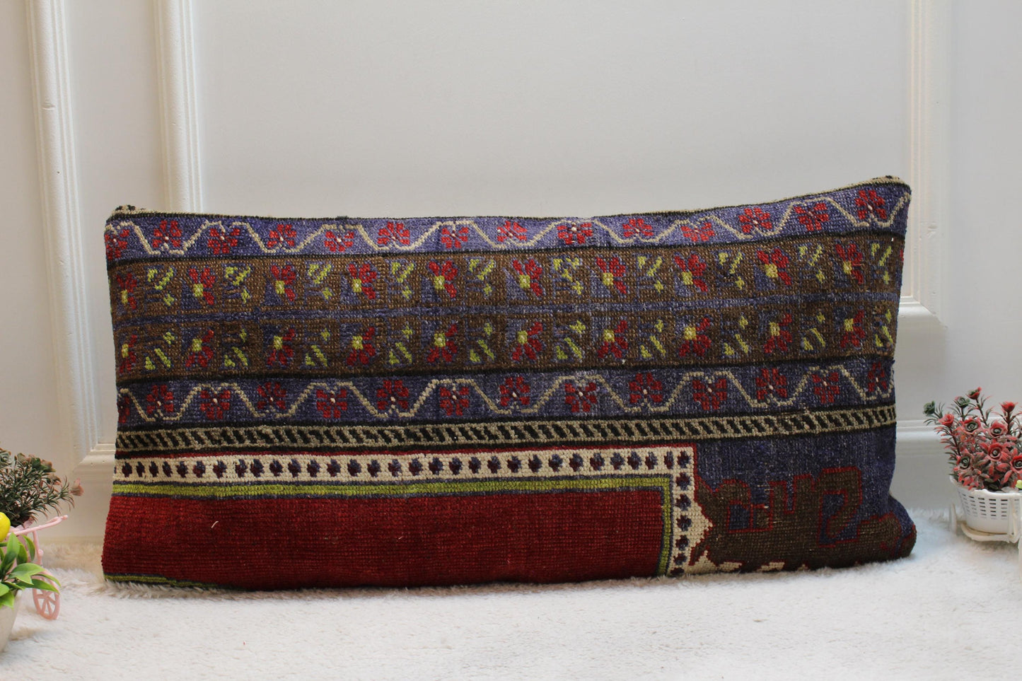 Handmade Turkish Rug Lumbar Pillow Cover: Rainbow Woven Wool, 16x32 in