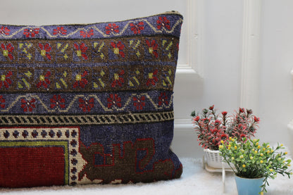 Handmade Turkish Rug Lumbar Pillow Cover: Rainbow Woven Wool, 16x32 in