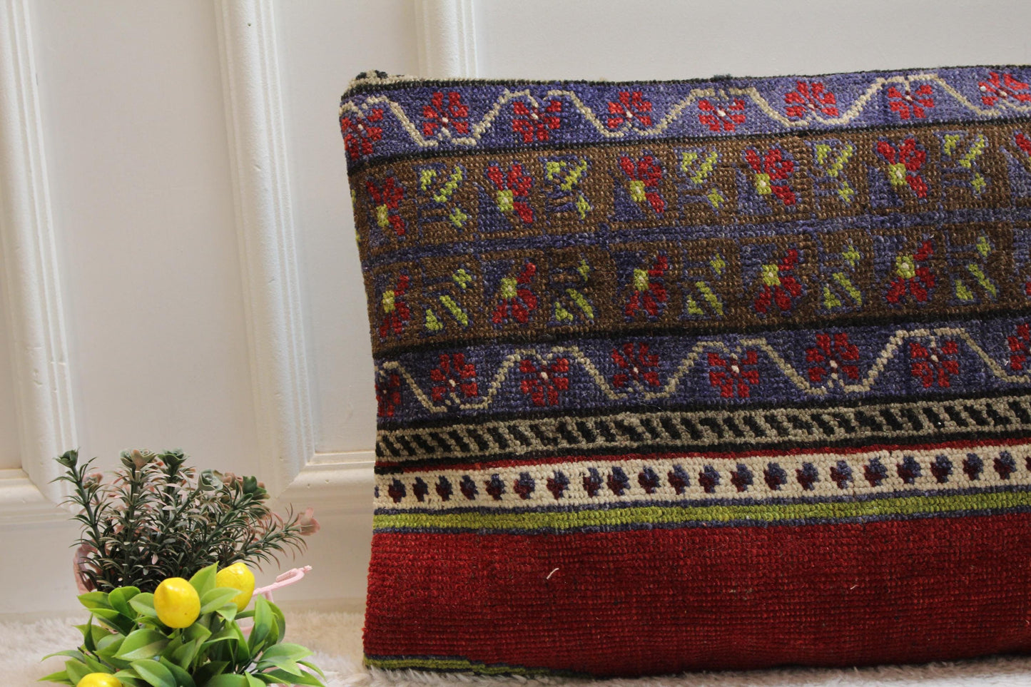 Handmade Turkish Rug Lumbar Pillow Cover: Rainbow Woven Wool, 16x32 in
