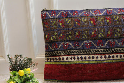 Handmade Turkish Rug Lumbar Pillow Cover: Rainbow Woven Wool, 16x32 in