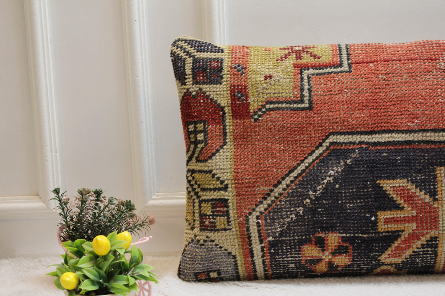 Handmade Turkish Lumbar Pillow Cover: Upcycled Kilim Rug, 16x31 inch