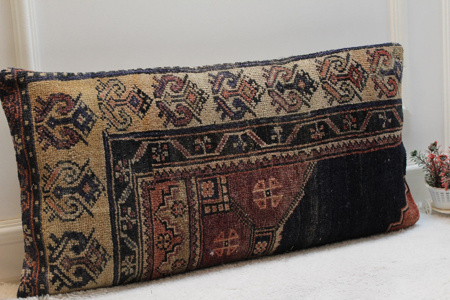 Handwoven Turkish Kilim Lumbar Pillow: Vintage Boho Accent (16x32)