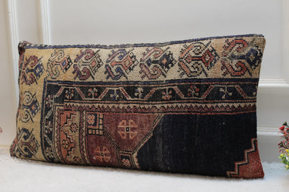 Handwoven Turkish Kilim Lumbar Pillow: Vintage Boho Accent (16x32)