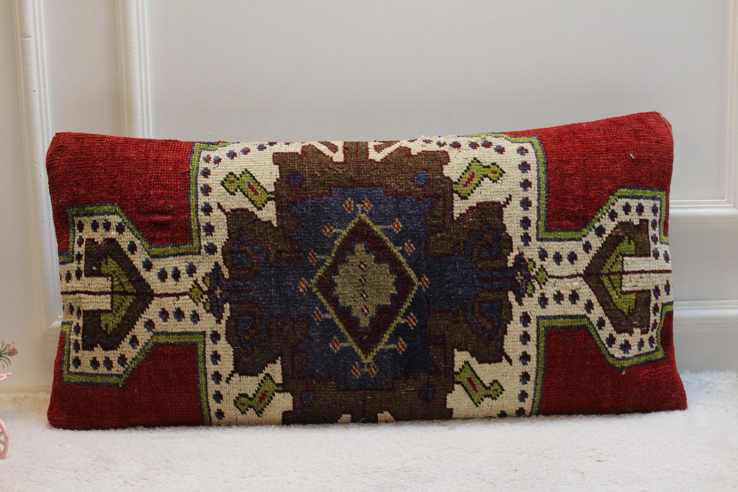 Handmade Vintage Turkish Kilim Pillow: Red Boho Lumbar Cushion (16x32)