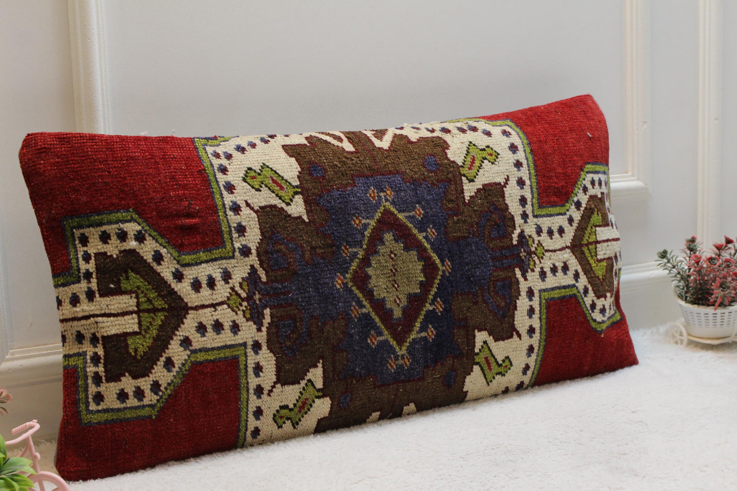 Handmade Vintage Turkish Kilim Pillow: Red Boho Lumbar Cushion (16x32)