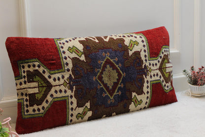Handmade Vintage Turkish Kilim Pillow: Red Boho Lumbar Cushion (16x32)