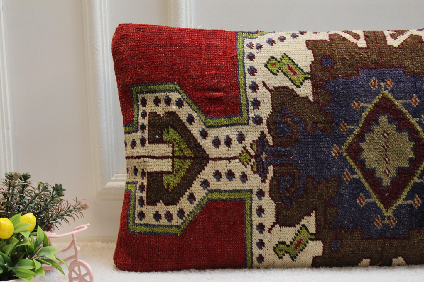 Handmade Vintage Turkish Kilim Pillow: Red Boho Lumbar Cushion (16x32)