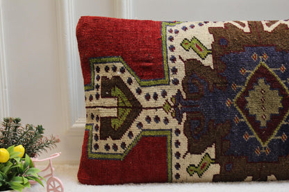 Handmade Vintage Turkish Kilim Pillow: Red Boho Lumbar Cushion (16x32)
