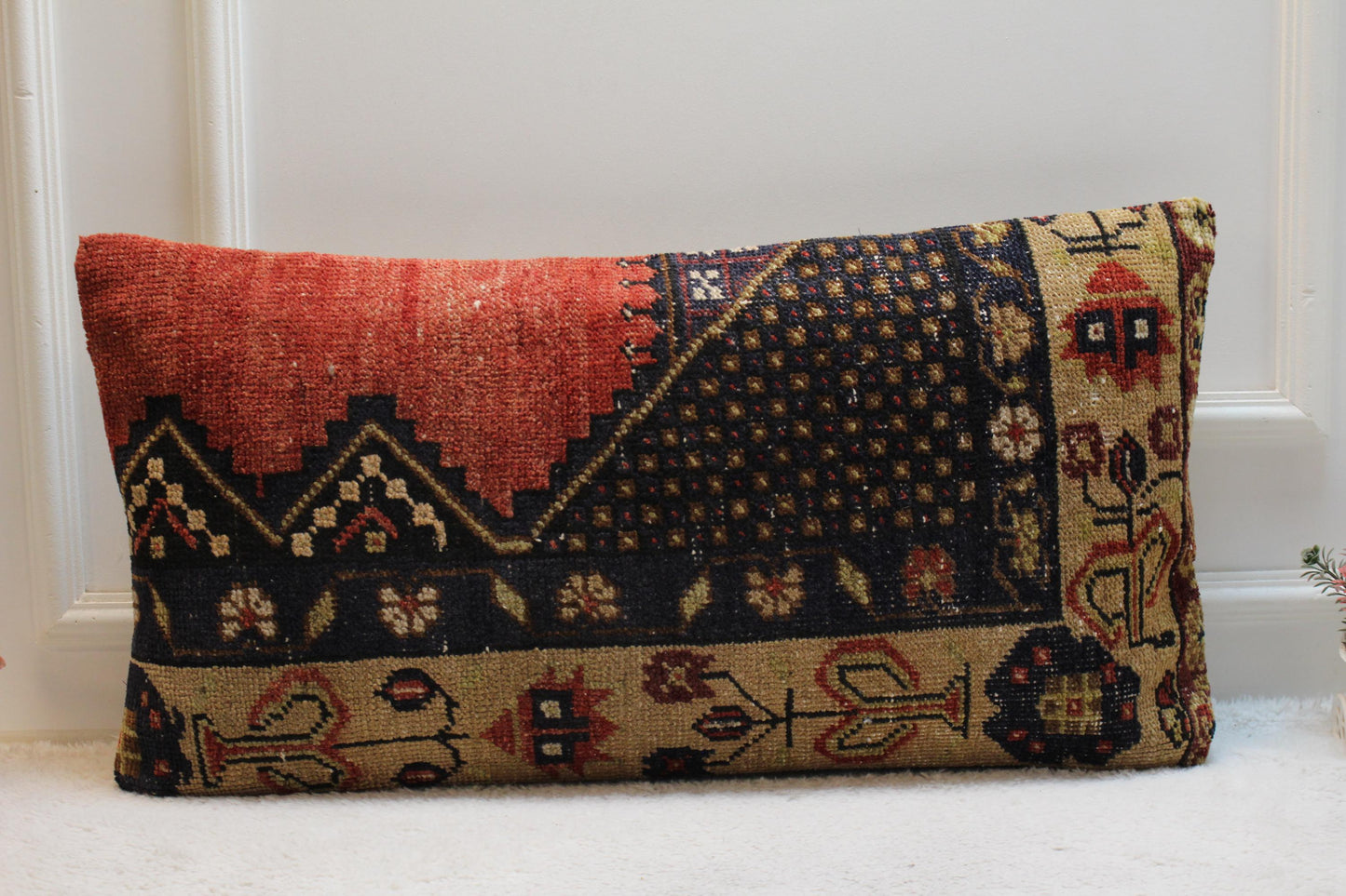 Vintage Turkish Rug Pillow: 16x32 Handmade Wool Lumbar Pillow Cover