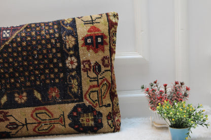 Vintage Turkish Rug Pillow: 16x32 Handmade Wool Lumbar Pillow Cover