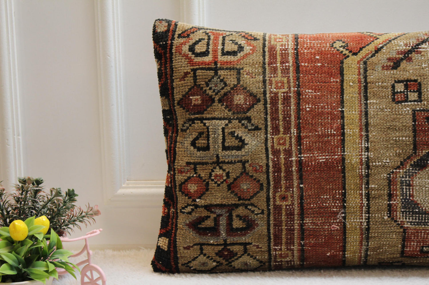 Vintage Turkish Rug Pillow Cover: Rainbow Woven Wool Lumbar Pillow (16x32 in)