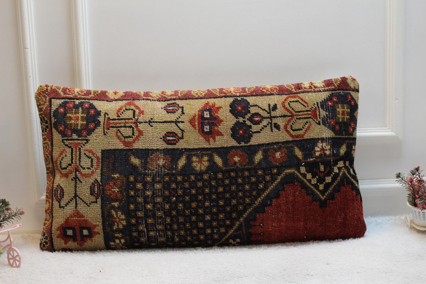 Handmade Turkish Kilim Pillow Cover: Upcycled Wool Lumbar Cushion (16x32 in)