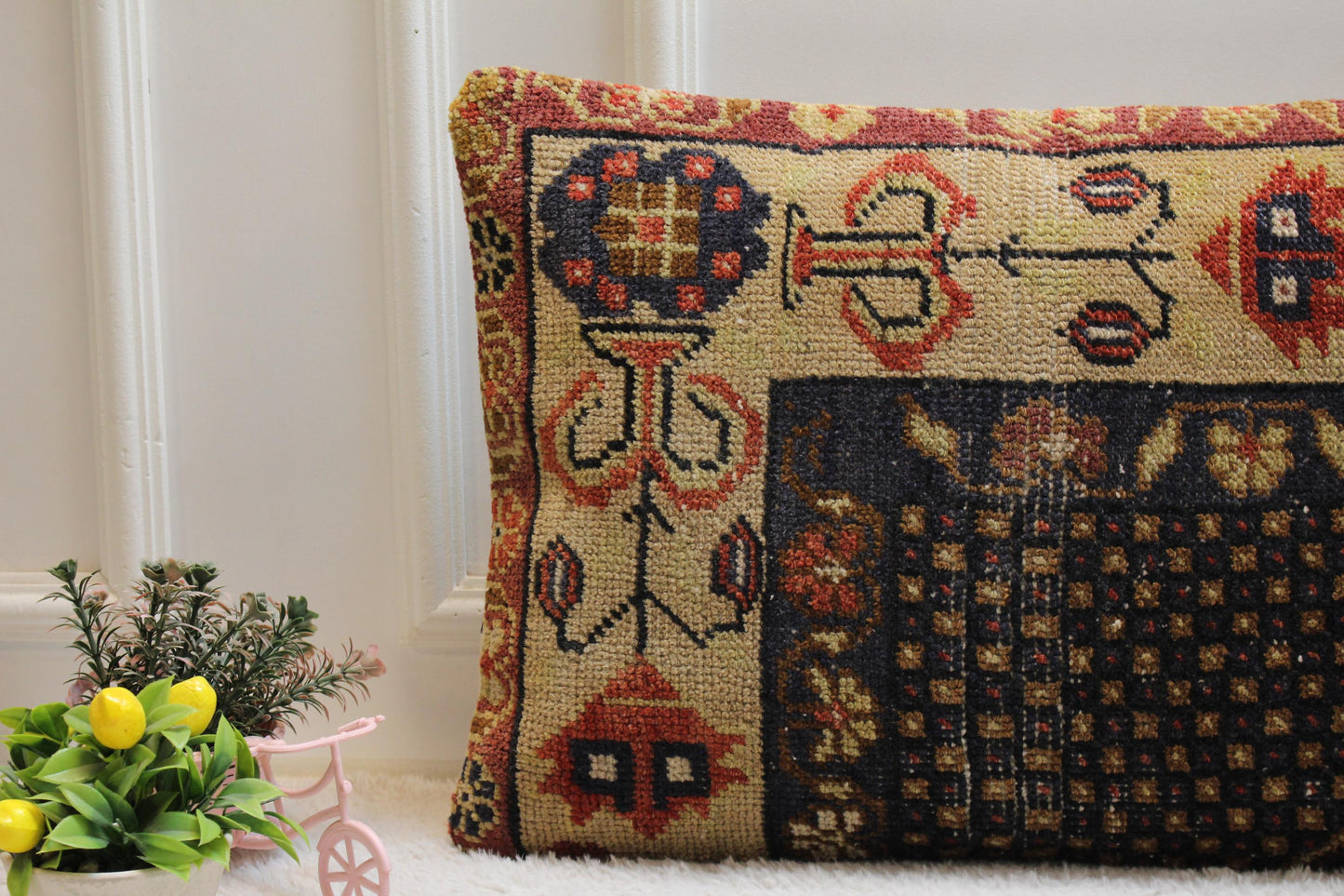 Handmade Turkish Kilim Pillow Cover: Upcycled Wool Lumbar Cushion (16x32 in)