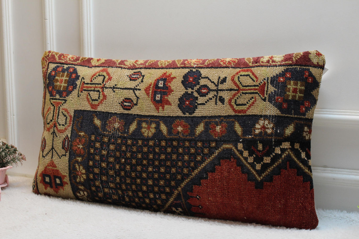 Handmade Turkish Kilim Pillow Cover: Upcycled Wool Lumbar Cushion (16x32 in)