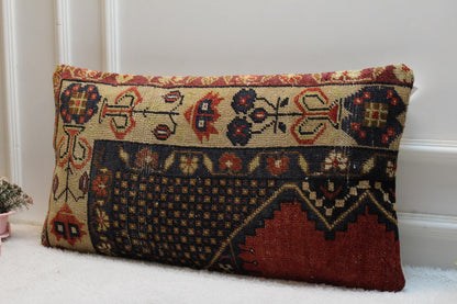 Handmade Turkish Kilim Pillow Cover: Upcycled Wool Lumbar Cushion (16x32 in)