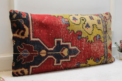 Handmade Kilim Lumbar Pillow Cover: Upcycled Turkish Rug, 16x32 inch