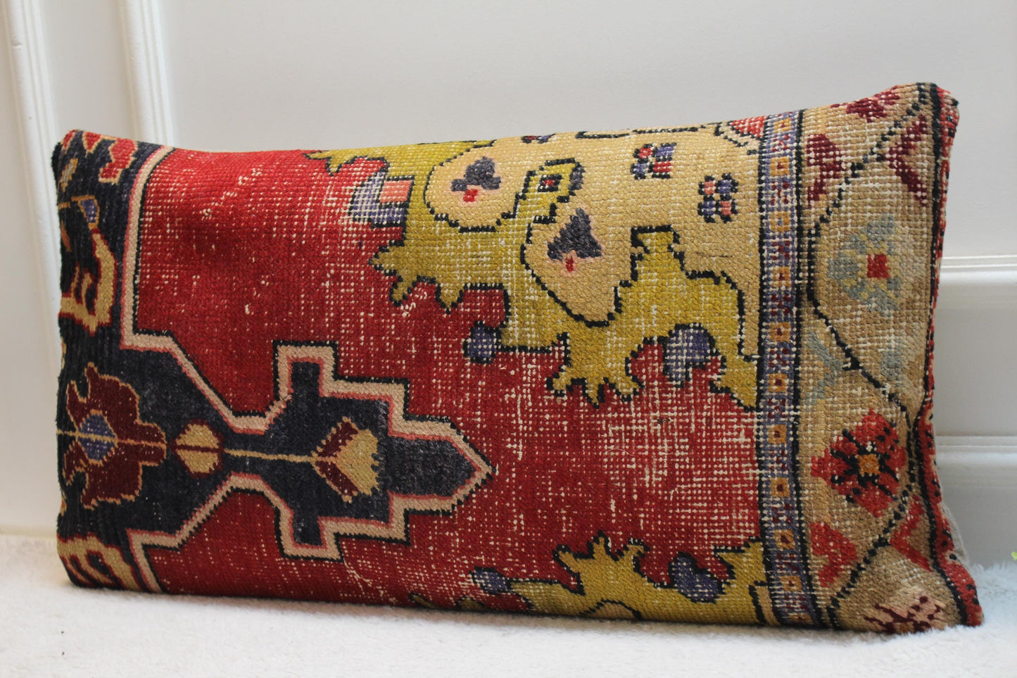 Handmade Kilim Lumbar Pillow Cover: Upcycled Turkish Rug, 16x32 inch